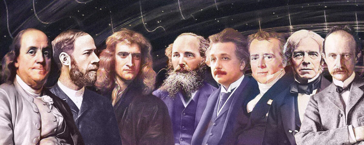 A Pantheon of Giant Shoulders: (L-R) Benjamin Franklin, Heinrich Hertz, Isaac Newton, James Clerk Maxwell, Albert Einstein, Michael Faraday, Max Planck