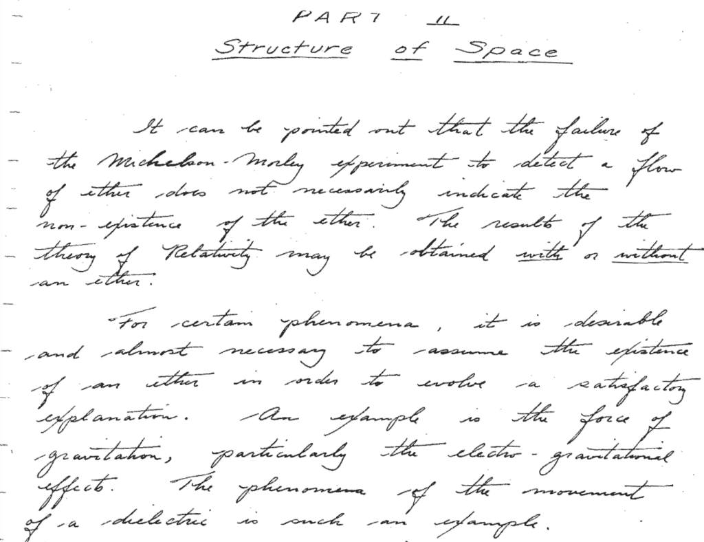 Handwritten opening of Townsend Brown's 1942 Treatise 'Structure of Space'