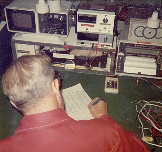 Townsend Brown in his final years, monitoring his instruments in a corner of the Quonset hut he shared with his daughter and her family on Catalina Island.