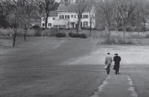 Kurt Godel and Albert Einstein on their daily walk at the Institute for Advanced Studies in Princeton, no doubt discussing how time travel has left them stuck on this planet in this time. 